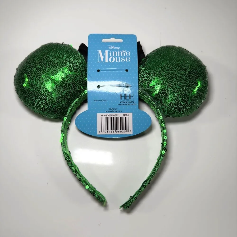 Disney Minnie Mouse Headband Ears Green St. Patrick’s Sequin Lucky Costume NWT